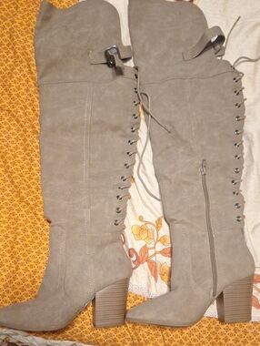 Jasmine Taupe Over-the-Knee Lace-Up Block Heel Boots